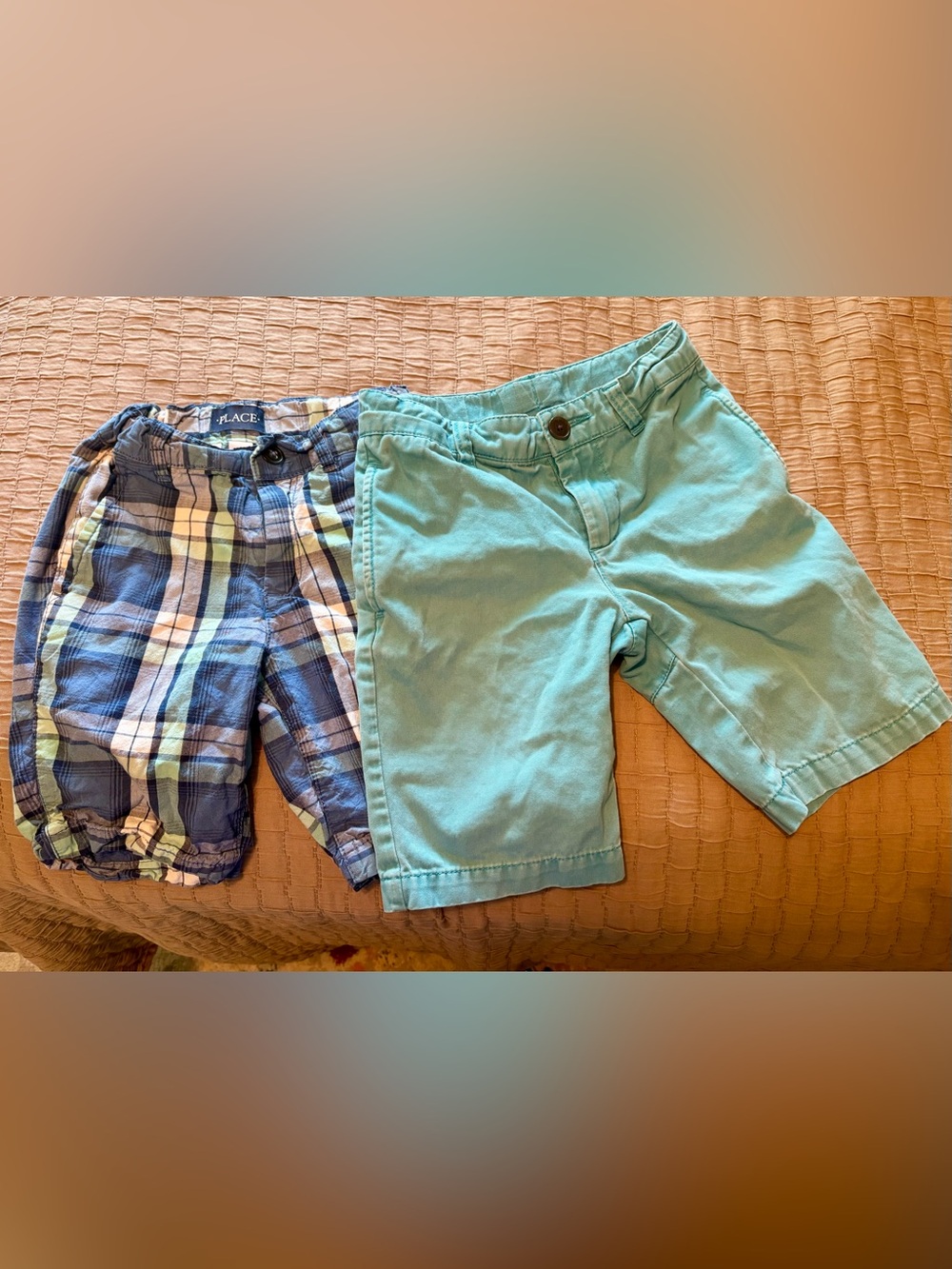 Boys Plaid Shorts & Teal Cotton Shorts - 2-Pack